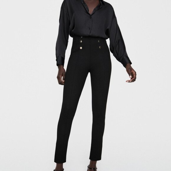 Zara Black High Waist Gold Metal Buttons Knit Pull On Legging Pants Size XL NWT - Picture 1 of 11